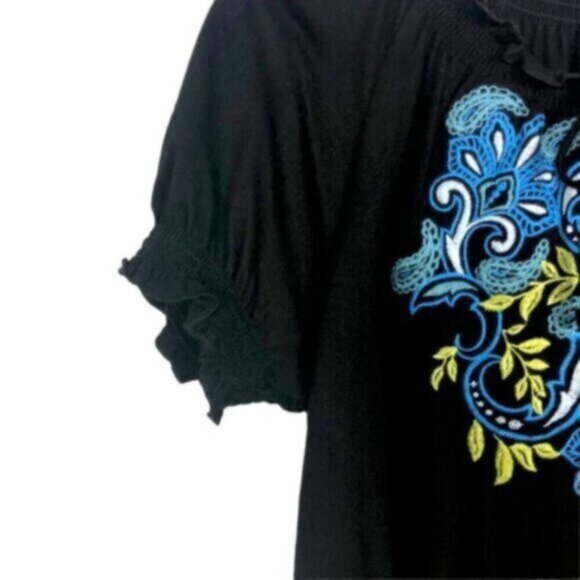 Croft & Barrow | Blue Embroidery Tie Neck Short Sleeve Top Size Small - Picture 6 of 9